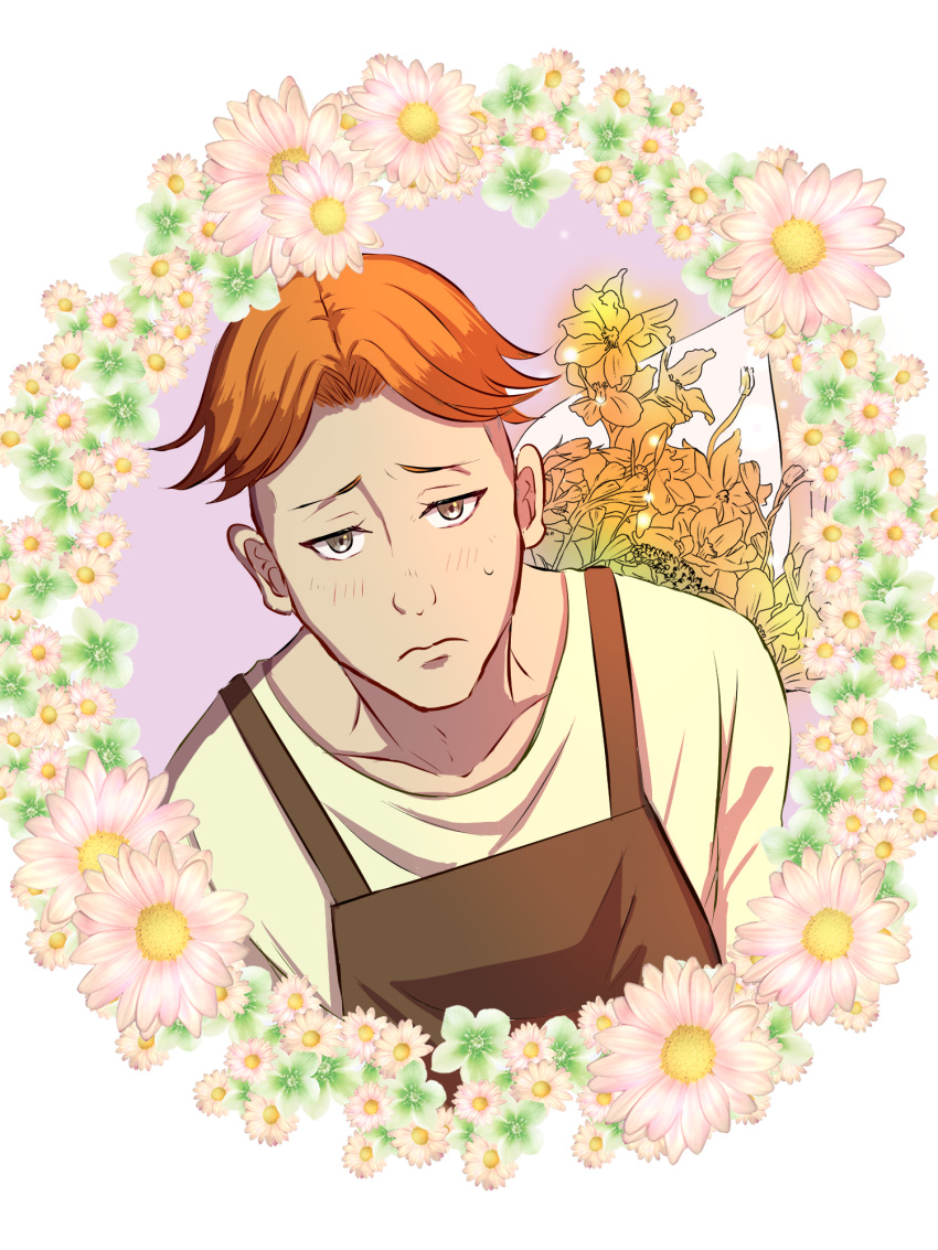 1boy apron blush bouquet brown_eyes collarbone flower frown highres male_focus orange_hair shadow_(sk8) simple_background sk8_the_infinity solo sweatdrop white_background yoshii_alpha2