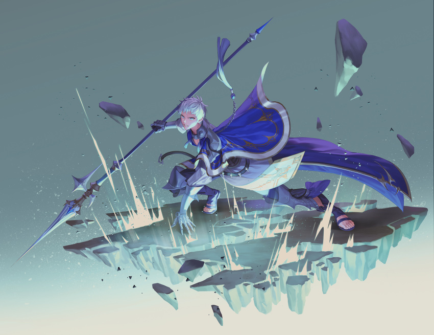 blue_cape blue_eyes cape chain crack full_body gauntlets grey_background highres holding holding_polearm holding_weapon looking_at_viewer mt_(ringofive) original polearm rock sandals short_hair solo symbol-shaped_pupils weapon white_hair
