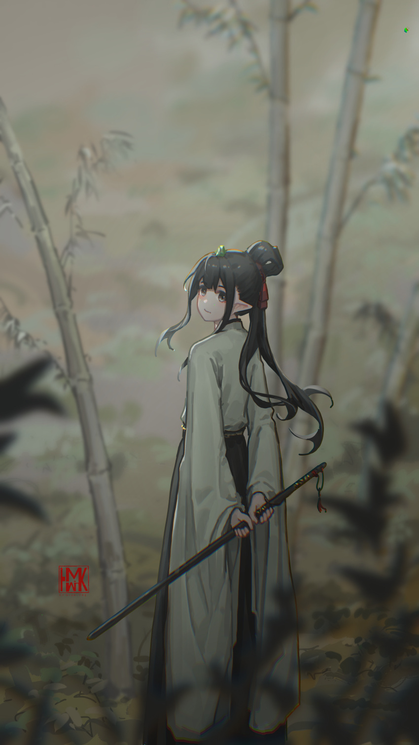 1girl absurdres arms_behind_back black_eyes black_hair chinese_clothes grey_sky hair_bun highres holding horns hua_ming_wink long_hair original outdoors plant pointy_ears sidelocks single_horn solo standing tree wide_sleeves