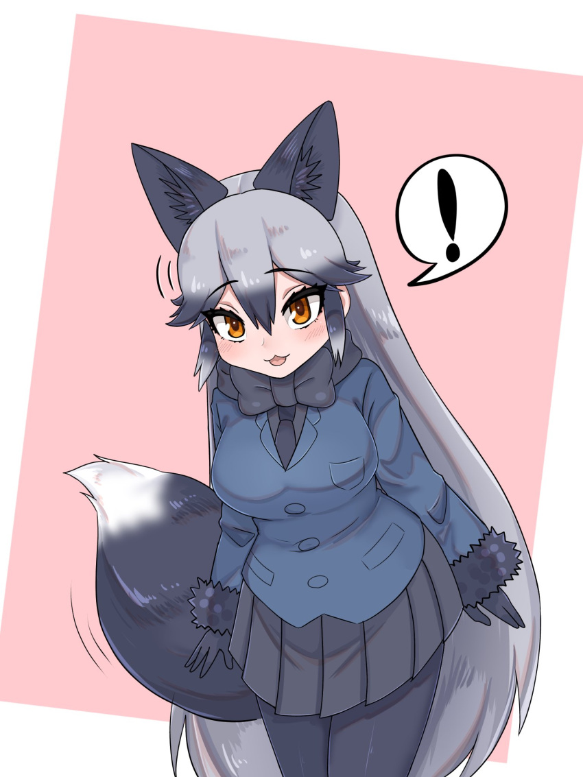 ! 1girl :3 animal_ears aramaru black_bow black_bowtie black_fur black_gloves black_necktie black_pantyhose black_skirt blue_jacket blush bow bowtie commentary_request cowboy_shot extra_ears fox_ears fox_girl fox_tail gloves grey_hair highres jacket kemono_friends long_hair long_sleeves multicolored_hair necktie orange_eyes pantyhose pleated_skirt silver_fox_(kemono_friends) skirt solo spoken_exclamation_mark tail