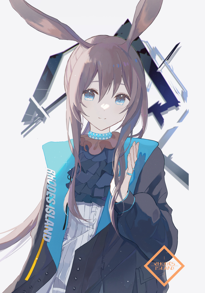 1girl absurdres amiya_(arknights) animal_ears arknights ascot black_ascot black_jacket blue_collar blue_eyes brown_hair clothes collar hair_between_eyes hand_up highres jacket jewelry long_hair long_sleeves looking_at_viewer multiple_rings neck_ring open_clothes open_jacket ponytail rabbit_ears rabbit_girl ring shirt sidelocks simple_background smile solo split_mouth upper_body white_background white_shirt yurun_(yurun_ume)