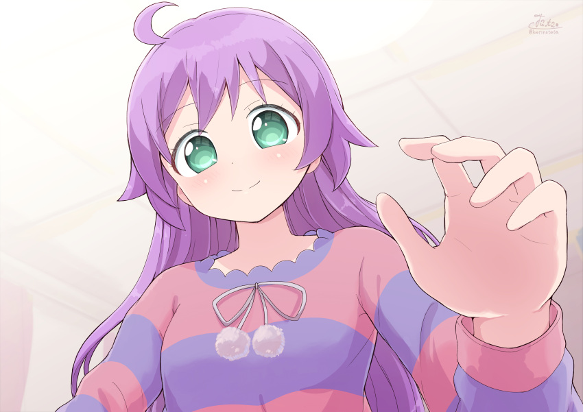 1girl absurdres ahoge closed_mouth green_eyes hair_down highres long_hair looking_at_viewer manaka_lala pajamas pretty_(series) pripara purple_hair reaching_out smile solo tata_(tataice) upper_body