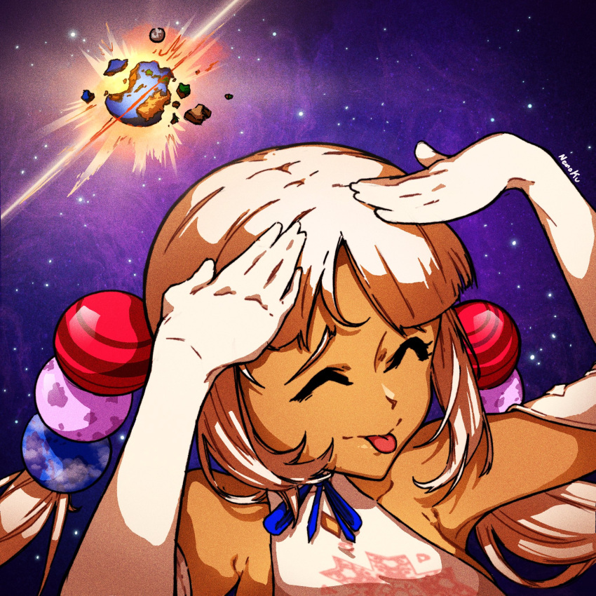1girl :p ^_^ ah_eto..._bleh_(meme) apocalypse armpit_crease armpits artist_name bangs blonde_hair blue_bow blue_ribbon blunt_bangs bow breasts closed_eyes clothing_request collarbone dark-skinned_female dark_skin dojikko earth_(planet) english_commentary explosion explosion_gag furrowed_brow gloves hands_on_own_head highres hololive hololive_english huge_breasts long_hair meme nemokku no_headgear outdoors planet planet_hair_ornament purple_background ribbon shiny shiny_clothes shiny_skin sidelocks sky solo space star_(sky) starry_sky thick_eyebrows tongue tongue_out tsukumo_sana twintails upper_body virtual_youtuber white_gloves