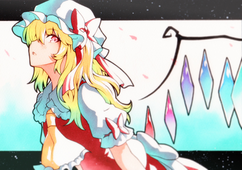 1girl ascot blonde_hair collared_shirt crystal fang flandre_scarlet frilled_shirt_collar frilled_sleeves frills hat highres medium_hair mob_cap one_side_up puffy_short_sleeves puffy_sleeves qqqrinkappp red_eyes red_vest shirt short_sleeves slit_pupils touhou traditional_media vest white_headwear white_shirt wrist_cuffs yellow_ascot