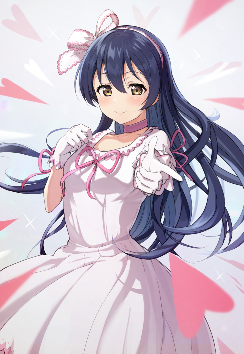 1girl blue_hair blush bow_hairband breasts choker closed_mouth dress gloves hair_between_eyes hairband highres long_dress long_hair looking_at_viewer love_live! love_live!_school_idol_project pink_choker pointing pointing_at_viewer puffy_short_sleeves puffy_sleeves short_sleeves small_breasts smile solo sonoda_umi tata_(tataice) white_dress white_gloves white_hairband yellow_eyes