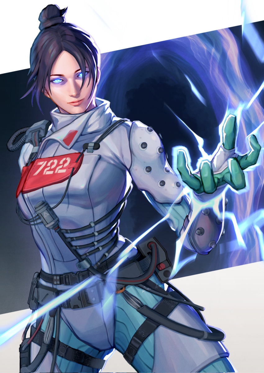 1girl apex_legends bangs belt black_belt black_hair blue_eyes bodysuit breasts cable electricity glowing glowing_eyes hair_bun highres light_smile medium_breasts official_alternate_costume open_hand parted_bangs portal_(object) quarantine_722_wraith realistic shikabane_(draw_tadao14) solo thigh_strap white_bodysuit wraith_(apex_legends)