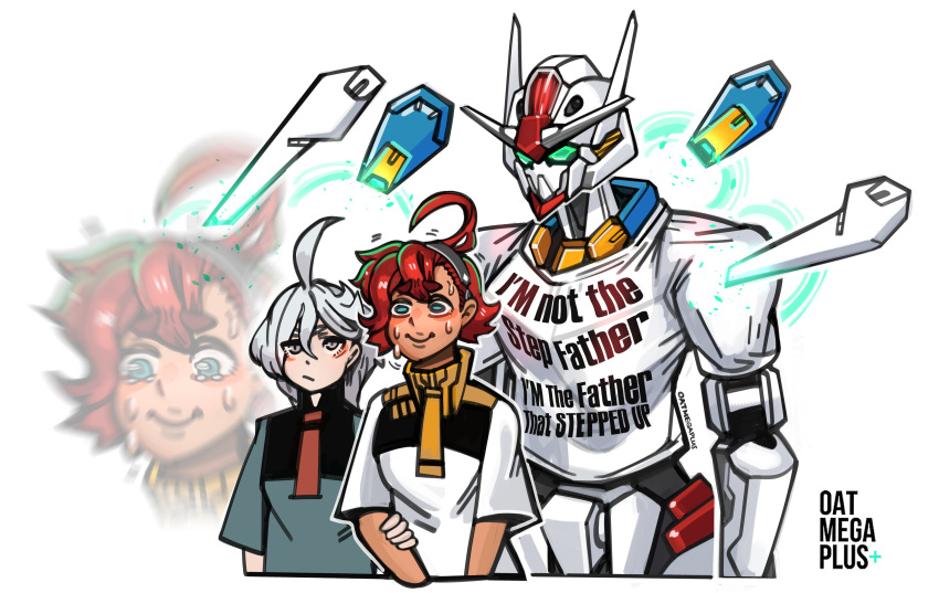 2girls absurdres black_hairband blue_eyes clothed_robot dark-skinned_female dark_skin english_text funnels_(gundam) green_eyes green_jacket grey_eyes grey_hair gundam gundam_aerial gundam_suisei_no_majo hair_behind_ear hair_between_eyes hairband highres holding_another's_arm jacket long_hair mecha meme_attire miorine_rembran mobile_suit multiple_girls oatmegaplus pout projected_inset redhead robot science_fiction shirt short_hair suletta_mercury tearing_up v-fin white_background white_jacket white_shirt