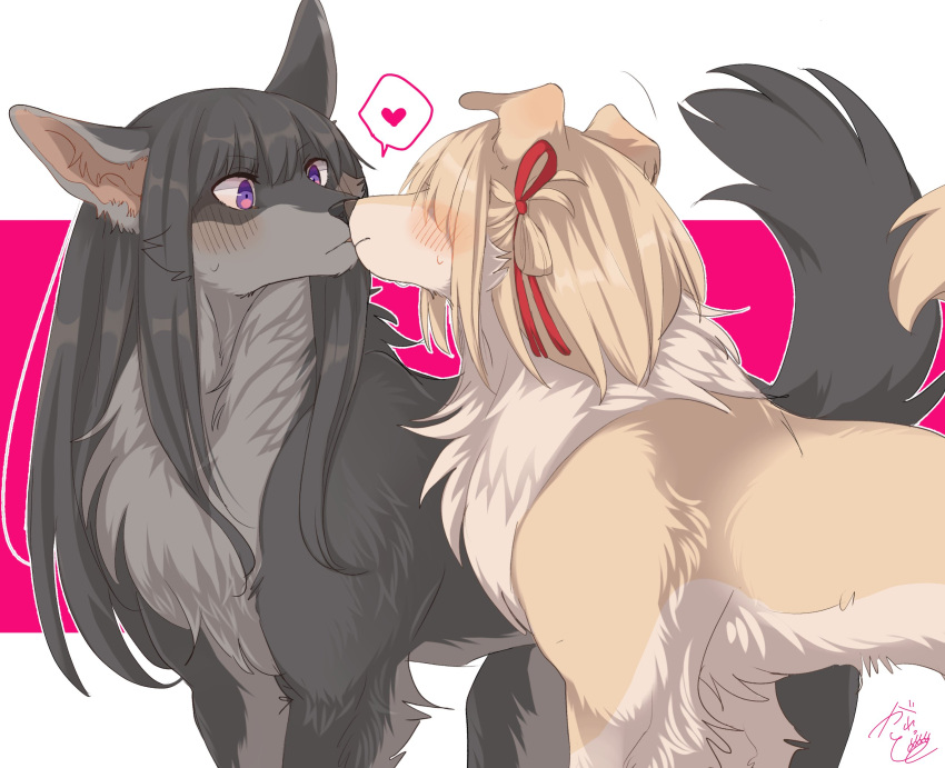 animalization black_hair blonde_hair blush dog galette71799907 heart highres inoue_takina kiss long_hair lycoris_recoil nishikigi_chisato no_humans signature simple_background spoken_heart surprise_kiss surprised violet_eyes yuri