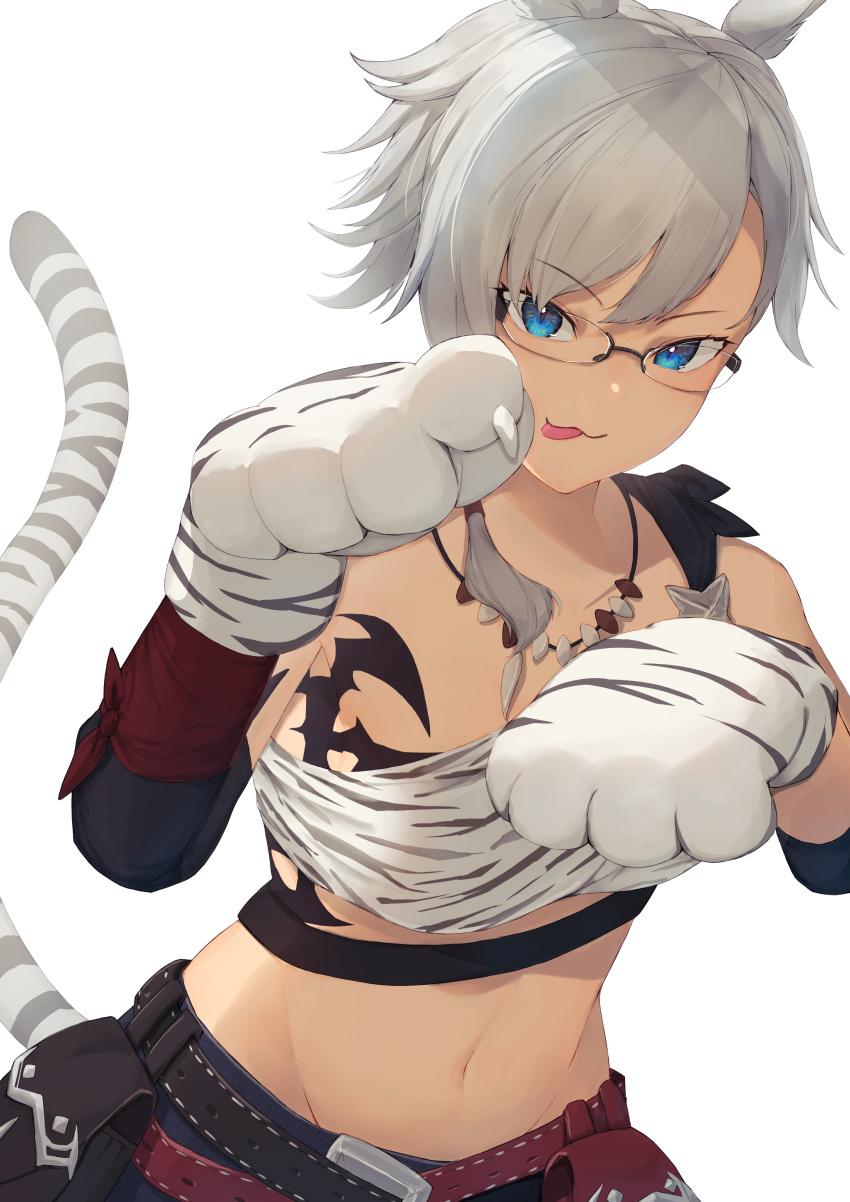 1girl absurdres animal_hands avatar_(ff14) bad_source belly blonde_hair cat_paws deho_toiimasu final_fantasy final_fantasy_xiv glasses highres rabbit_girl short_hair tail tiger_tail tongue tongue_out viera