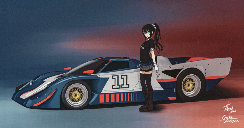 1girl absurdres artist_name bangs black_hair black_shirt black_thighhighs blue_eyes bokuya boots brown_footwear car commentary_request commission gloves grey_skirt ground_vehicle highres knee_boots long_hair motor_vehicle plaid plaid_skirt ponytail race_vehicle racecar shirt short_sleeves skeb_commission skirt solo sports_car thank_you thigh-highs vehicle_focus vehicle_request vrchat watermark white_gloves wide_shot
