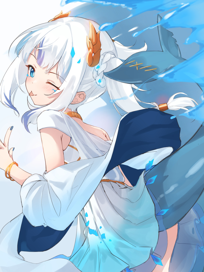 1girl ;p absurdres blue_eyes blue_hair fish_tail gawr_gura highres hololive hololive_english looking_at_viewer multicolored_hair one_eye_closed shark_tail solo streaked_hair tail tongue tongue_out virtual_youtuber wep16night white_hair