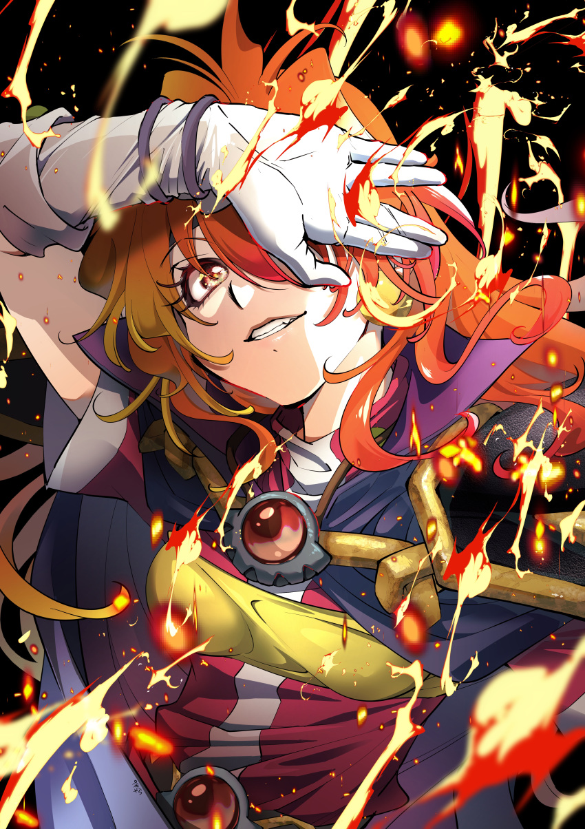 1girl absurdres arm_up armor brown_eyes cape fang fire gem gloves grin hair_over_one_eye highres ichi_orgin jacket lina_inverse long_hair looking_at_viewer orange_hair purple_cape red_gemstone red_jacket short_sleeves shoulder_armor slayers smile solo upper_body white_gloves