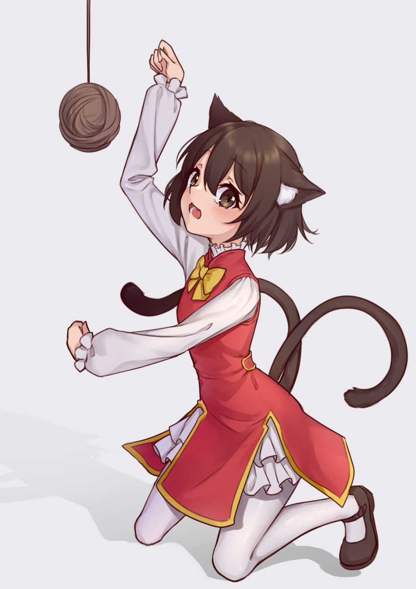 1girl absurdres animal_ears bow brown_eyes brown_hair cat_ears cat_tail chen grey_background highres long_sleeves multiple_tails murasaki_satori nekomata no_headwear open_mouth pantyhose paw_pose shoes short_hair solo tail touhou two_tails
