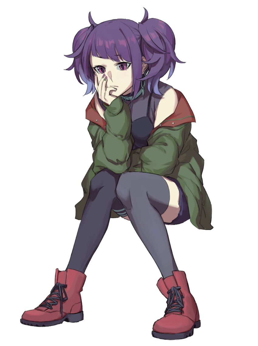 1girl bangs black_shirt black_thighhighs boots breasts closed_mouth coat earrings frown full_body green_coat green_jacket hand_on_own_cheek hand_on_own_face highres hoop_earrings idolmaster idolmaster_shiny_colors invisible_chair jacket jewelry jichi off_shoulder purple_hair purple_shorts red_footwear shirt shorts sidelocks sitting small_breasts solo tanaka_mamimi thigh-highs violet_eyes white_background