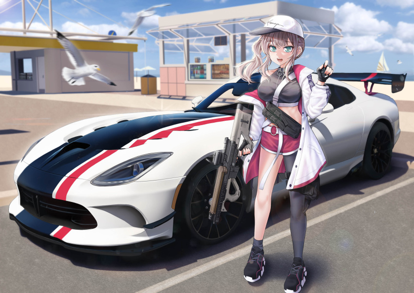 1girl ar-57_(girls'_frontline) assault_rifle bird boat breasts car dancing_wolf dodge_viper girls_frontline ground_vehicle gun hat highres motor_vehicle parking_lot rifle sailboat seagull solo watercraft weapon