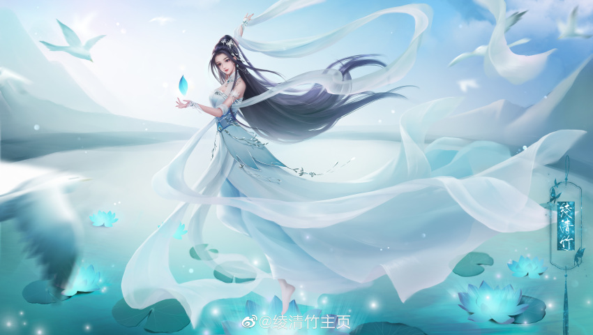 1girl absurdres arm_up barefoot bird black_hair closed_mouth dress earrings floating floating_object flower full_body hair_bun hair_ornament highres jewelry lily_pad ling_qingzhu_(wu_dong_qian_kun) long_hair lotus may_yaya second-party_source smile solo white_dress wu_dong_qian_kun