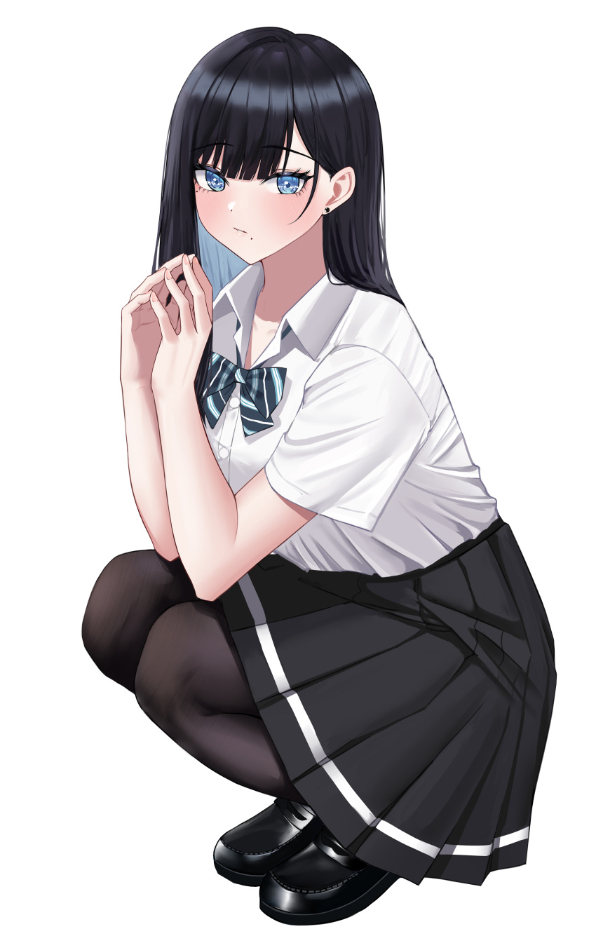 1girl absurdres bangs black_footwear black_hair black_panties black_pantyhose black_skirt blue_eyes blunt_bangs blush bow bowtie closed_mouth collared_shirt highres kirin3145 loafers long_hair long_sleeves looking_at_viewer original panties pantyhose pleated_skirt school_uniform shirt shoes simple_background skirt solo squatting underwear white_background white_shirt