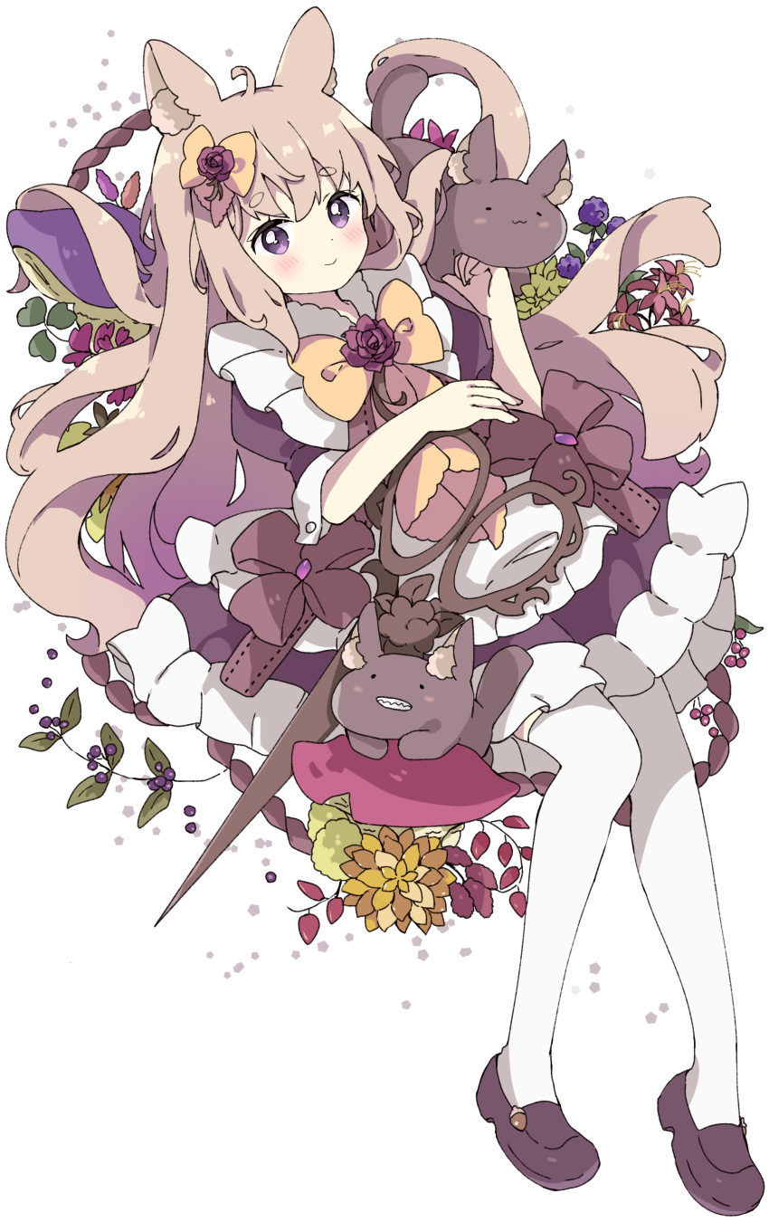 1girl absurdres animal animal_ear_fluff animal_ears blush bow brown_hair closed_mouth commentary dress flower frilled_dress frills full_body hair_bow highres long_hair looking_at_viewer mushroom original puffy_short_sleeves puffy_sleeves purple_dress purple_flower purple_footwear purple_rose rose shoes short_eyebrows short_sleeves simple_background smile solo symbol-only_commentary thick_eyebrows thigh-highs tsukiyo_(skymint) very_long_hair violet_eyes white_background white_thighhighs yellow_bow