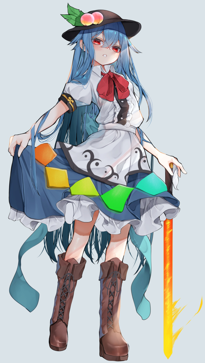 1girl black_headwear blue_hair blue_skirt boots brown_footwear cross-laced_footwear food fruit full_body grey_background hair_between_eyes hat highres hinanawi_tenshi long_hair looking_at_viewer parted_lips peach red_eyes shirt simple_background skirt solo sword_of_hisou touhou tsune_(tune) very_long_hair white_shirt