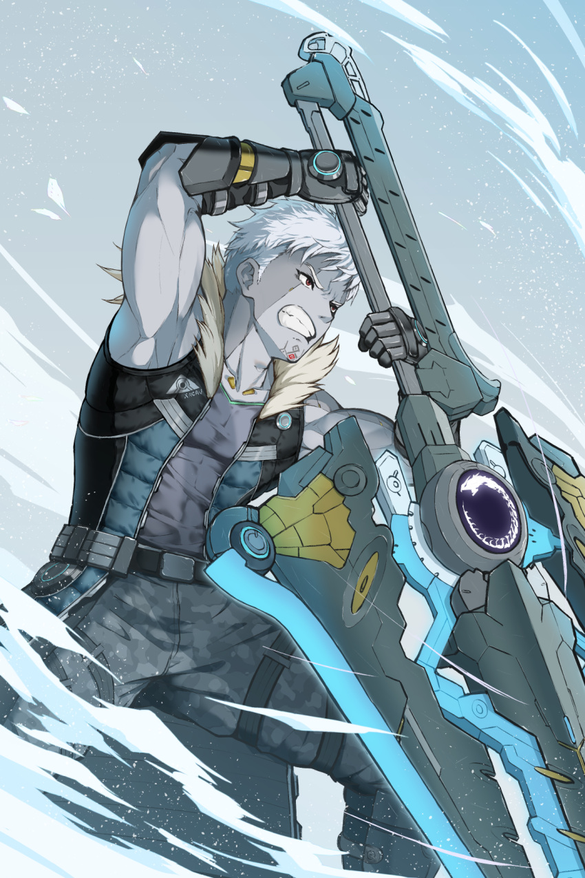 1boy 3balkan belt clenched_teeth colored_skin fur_collar gauntlets grey_pants grey_skin highres holding holding_sword holding_weapon lanz_(xenoblade) male_focus pants red_eyes sleeveless_coat sword teeth weapon white_hair xenoblade_chronicles_(series) xenoblade_chronicles_3
