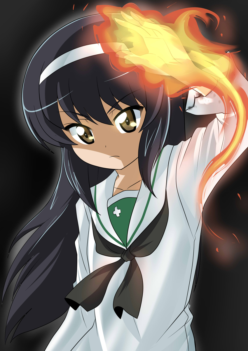 1girl absurdres bangs bike_shorts black_background black_hair blouse brown_eyes closed_mouth commentary fire flame flaming_hand frown girls_und_panzer hairband highres long_hair long_sleeves looking_at_viewer neckerchief ooarai_school_uniform reizei_mako sailor_collar school_uniform serafuku shirt simple_background solo upper_body wakku_kan white_hairband white_sailor_collar