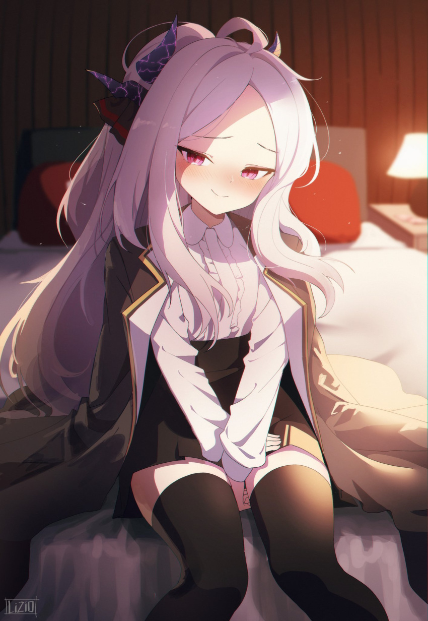 1girl bed black_thighhighs blue_archive blush demon_horns eye_contact high-waist_skirt highres hina_(blue_archive) horns liyom long_hair looking_at_another skirt thigh-highs violet_eyes white_hair zettai_ryouiki