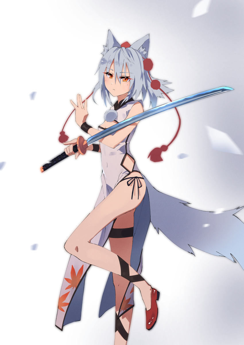 1girl absurdres animal_ears bangs bare_shoulders china_dress chinese_clothes cleavage_cutout closed_mouth clothing_cutout dress highres holding holding_sword holding_weapon inubashiri_momiji kakaricho_dairi katana leaf looking_at_viewer maple_leaf orange_eyes pom_pom_(clothes) short_hair simple_background sleeveless sleeveless_dress solo sword tail touhou weapon white_background white_hair wolf_ears wolf_girl wolf_tail