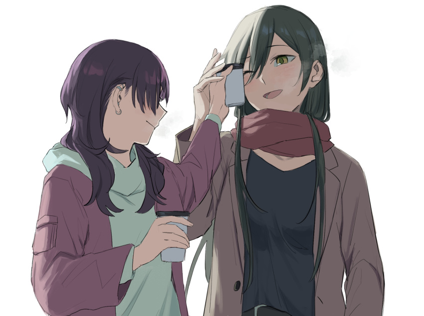 2girls bangs belt black_shirt blush breath brown_jacket cup disposable_cup ear_piercing green_hair green_hoodie hand_up highres holding holding_cup hood hoodie idolmaster idolmaster_shiny_colors jacket jichi long_hair long_sleeves looking_at_another multiple_girls one_eye_closed open_mouth piercing pink_jacket purple_hair scarf shirase_sakuya shirt simple_background smile tanaka_mamimi upper_body white_background yellow_eyes