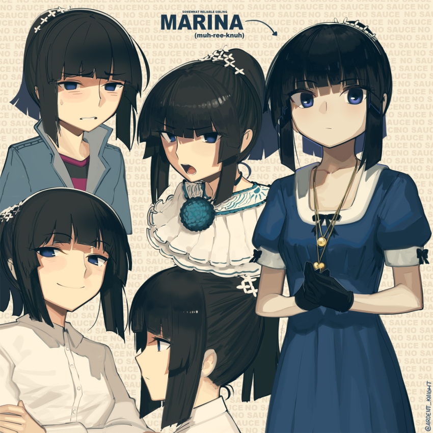 1girl bangs black_gloves black_hair blue_dress blue_eyes blue_jacket blunt_bangs blunt_ends blush blush_stickers boa_(brianoa) bow breasts capelet character_name collared_shirt commentary crossed_arms doyagao dress dress_bow english_commentary frilled_capelet frills gloves hair_ornament half-closed_eyes hands_up heart heart_necklace highres jacket jewelry layered_capelet light_blush looking_at_viewer marina_(boa_(brianoa)) multiple_views necklace open_mouth original own_hands_together pendant profile shirt short_hair short_ponytail sidelocks small_breasts smile smug solo square_neckline striped sun_print sweatdrop text_background twitter_username updo variations white_capelet white_shirt wing_collar