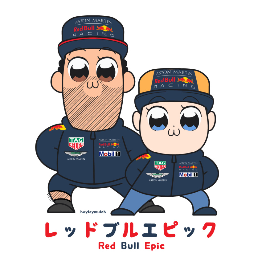 2boys aston_martin beard bkub_(style) black_footwear blue_eyes brown_eyes facial_hair formula_one hat hayleymulch highres leg_hair max_verstappen mobil multiple_boys parody poptepipic poptepipic_pose real_life red_bull sergio_perez sponsor tag_heuer