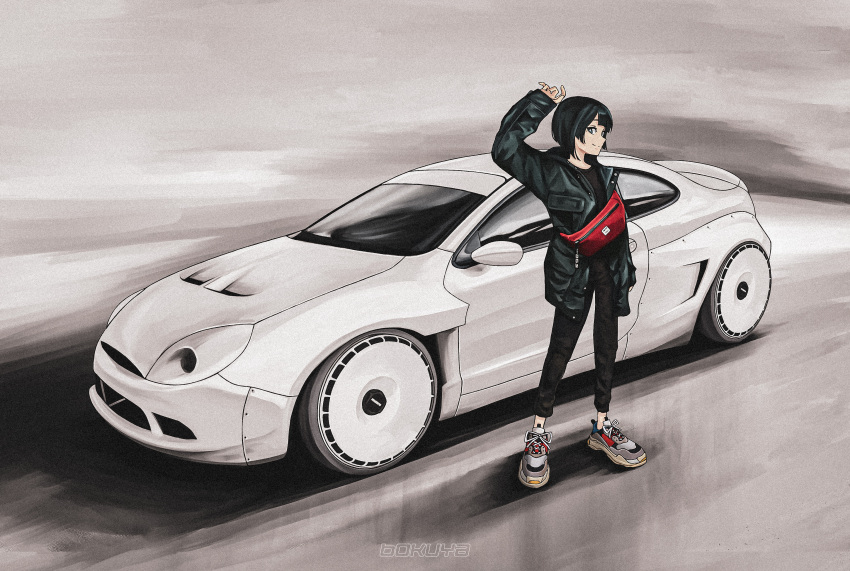 1girl absurdres arm_up artist_name bag black_eyes black_hair black_jacket black_pants black_shirt bokuya car closed_mouth commentary ford ford_puma ground_vehicle highres jacket long_sleeves motor_vehicle open_clothes open_jacket original pants shirt shoes short_hair smile sneakers solo sports_car standing vehicle_focus watermark white_footwear wide_shot
