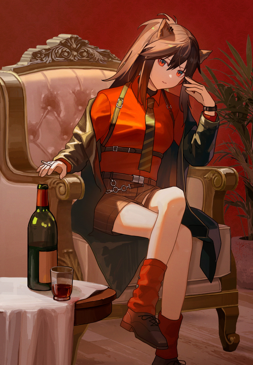 1girl absurdres animal_ears arknights armchair black_hair black_jacket black_shorts bottle brown_footwear chair crossed_legs cup dress_jacket dress_shirt drinking_glass ear_piercing green_necktie hair_between_eyes highres indoors jacket long_sleeves necktie off_shoulder official_alternate_costume open_clothes open_jacket piercing plant ponytail potted_plant red_background red_eyes red_shirt red_socks shikisimayu shirt shoes shorts sidelocks simple_background socks solo texas_(arknights) texas_(willpower)_(arknights) watch watch wine_bottle wine_glass wolf_ears wolf_girl wooden_floor