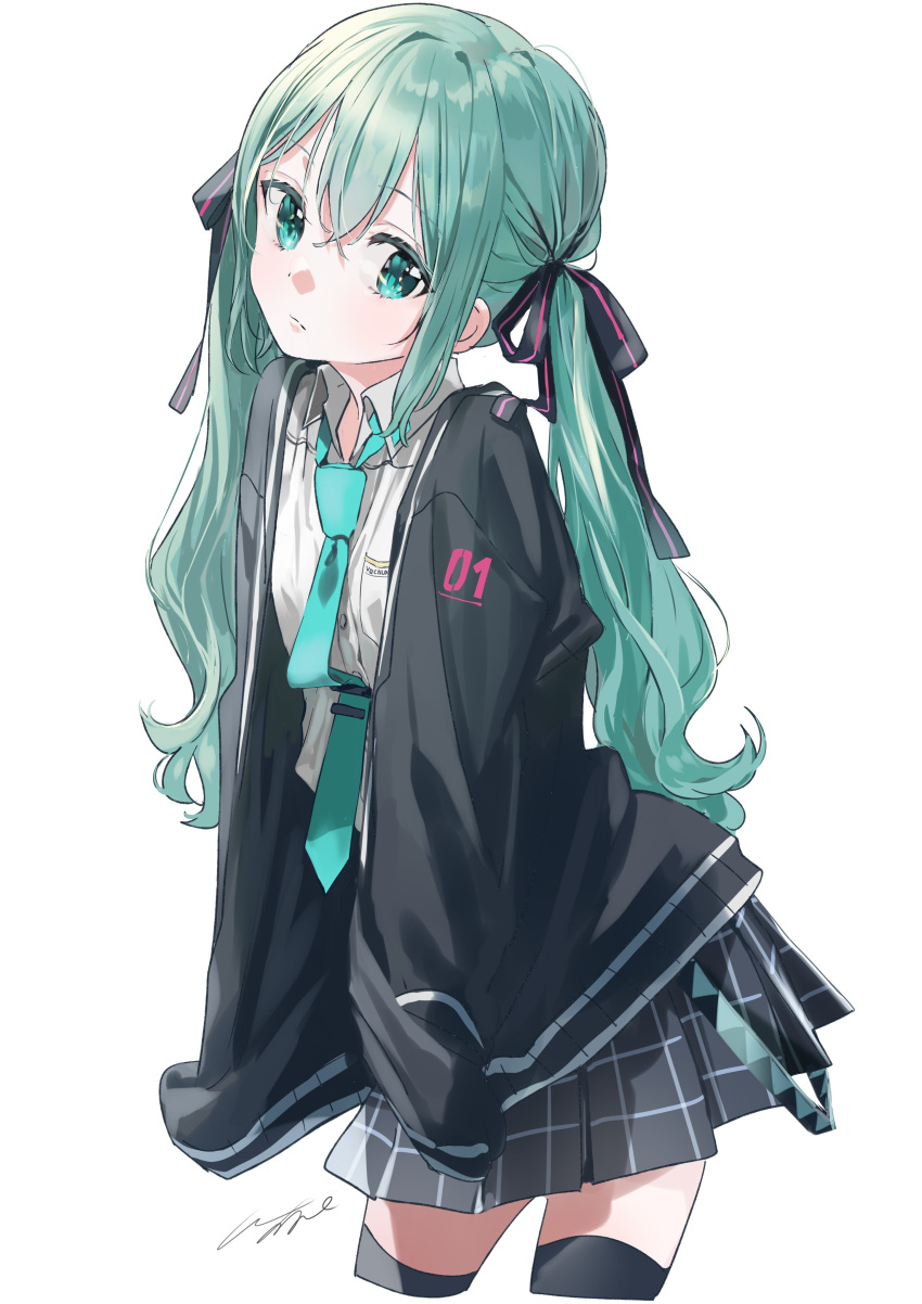 absurdres aqua_eyes aqua_hair aqua_necktie black_jacket black_skirt black_thighhighs closed_mouth collared_shirt cowboy_shot hair_ribbon hand_in_pocket hatsune_miku highres jacket light_blush light_frown looking_to_the_side necktie numbered open_clothes open_jacket plaid plaid_skirt pleated_skirt pomu ribbon shirt sidelocks signature simple_background skirt sleeves_past_fingers sleeves_past_wrists standing thigh-highs twintails vocaloid white_background white_shirt