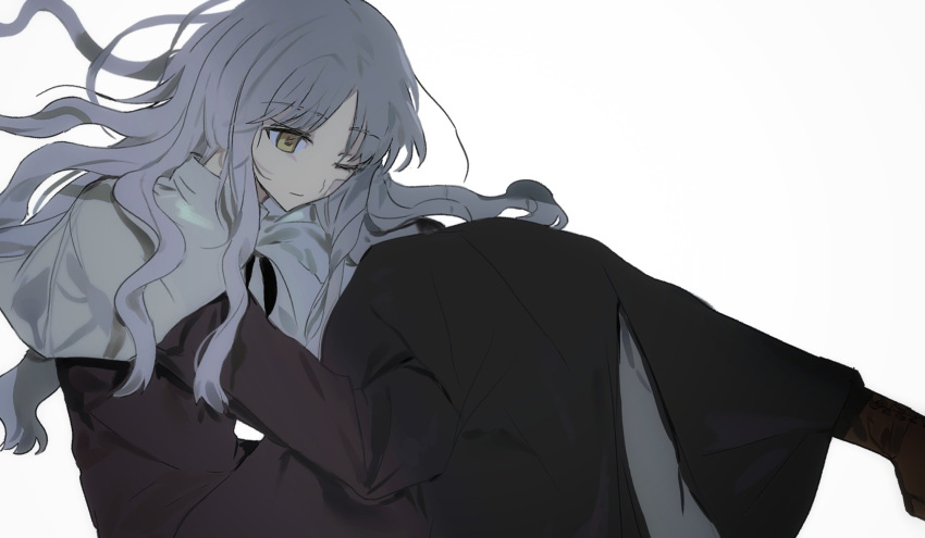 1girl bandages bangs caren_hortensia closed_mouth dress fate/hollow_ataraxia fate_(series) highres laver_(1090792977) layered_sleeves leg_up long_hair long_sleeves robe simple_background solo wavy_hair white_background white_hair yellow_eyes