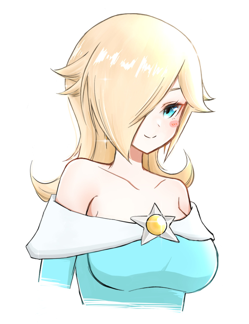1girl aqua_eyes bare_shoulders blonde_hair blush closed_mouth crown crown_removed dress earrings highres jewelry long_hair looking_at_viewer rosalina smile solo super_mario_bros. super_mario_galaxy super_mario_galaxy_2 super_smash_bros. tomatomiya upper_body