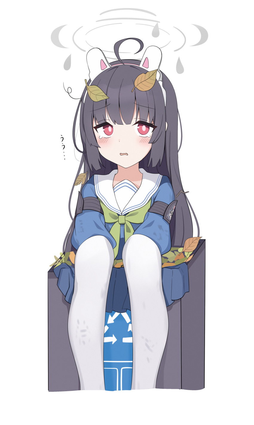 1girl absurdres ahoge arrow_(symbol) autumn_leaves black_hair blue_archive blue_serafuku blue_shirt blue_skirt blush bow commentary_request cropped_legs green_bow halo headgear highres k12040707 leaf leaf_on_head long_hair long_sleeves looking_at_viewer miyu_(blue_archive) pantyhose parted_lips pleated_skirt puffy_long_sleeves puffy_sleeves recycling_symbol red_eyes sailor_collar school_uniform serafuku shirt simple_background skirt solo tears trash_can very_long_hair white_background white_pantyhose white_sailor_collar