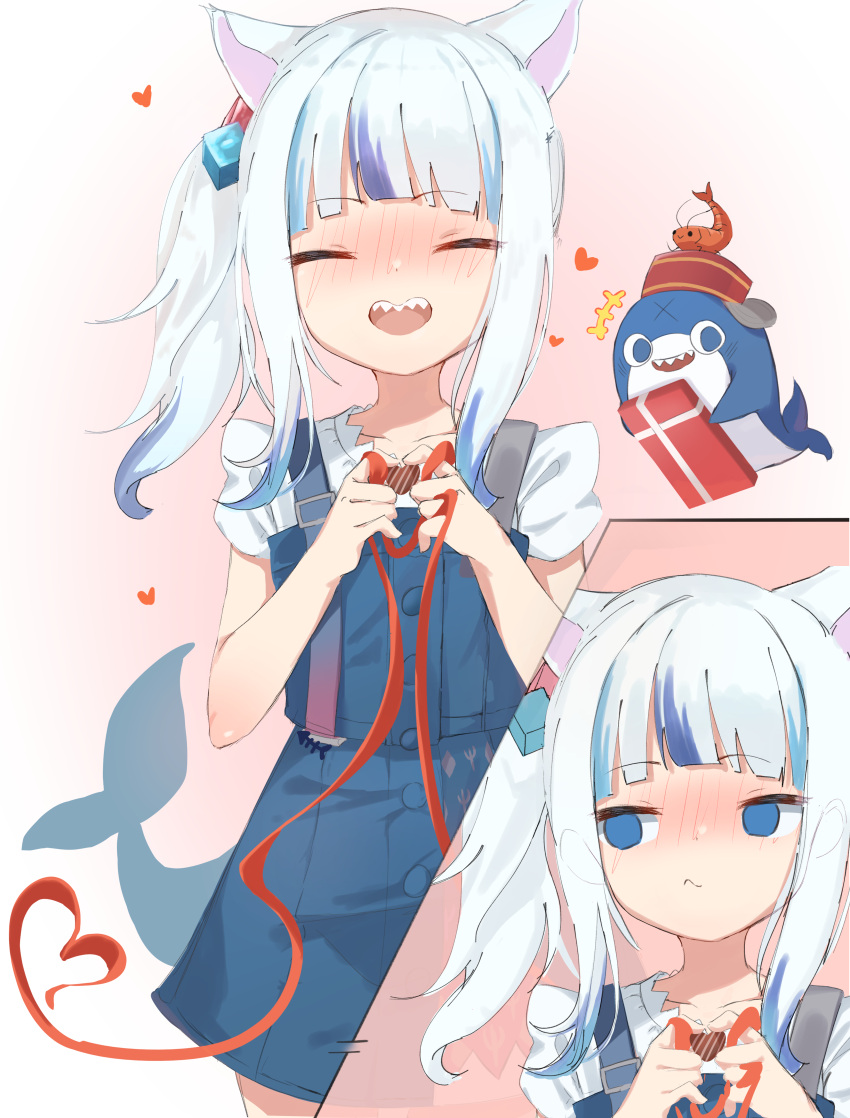 1girl absurdres animal_ears bloop_(gawr_gura) blue_hair blush cat_ears fish_tail gawr_gura highres hololive hololive_english looking_at_viewer multicolored_hair open_mouth shark_girl shark_tail sharp_teeth smile streaked_hair tail teeth virtual_youtuber wep16night white_hair