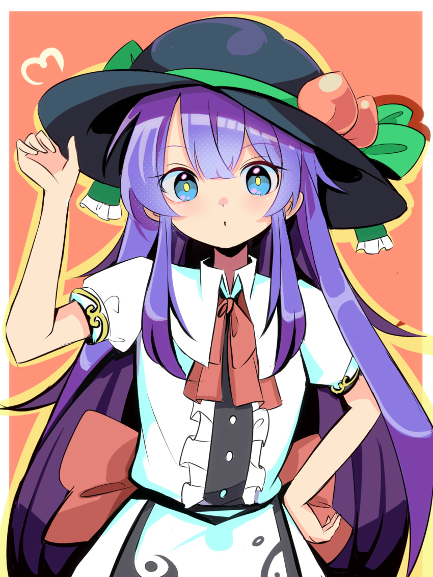 1girl alternate_eye_color black_headwear blue_eyes blue_hair blush buttons center_frills collared_shirt food food-themed_hat_ornament frills fruit fruit_hat_ornament green_ribbon hair_between_eyes hand_on_headwear hand_on_hip harakune_(mugennero) hat hat_ornament hat_ribbon highres hinanawi_tenshi leaf long_hair parted_lips peach puffy_short_sleeves puffy_sleeves red_background ribbon shirt short_sleeves simple_background solo touhou upper_body white_shirt