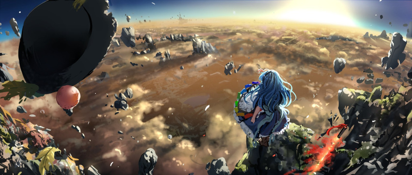 1girl above_clouds apron black_headwear blue_hair blue_skirt cliff clouds cloudy_sky commentary_request dawn floating_rock food from_behind fruit hat hat_loss hat_removed headwear_removed highres hinanawi_tenshi long_hair outdoors peach planted planted_sword scenery short_sleeves skirt sky solo sun suna_(s73d) sword sword_of_hisou touhou weapon white_apron wide_shot