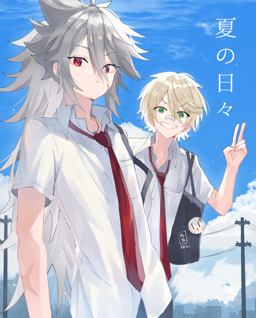 2boys absurdres alvarichie bag bandaid bandaid_on_face bandaid_on_nose bennett_(genshin_impact) black_pants blonde_hair closed_mouth genshin_impact green_eyes grey_hair hair_between_eyes highres long_hair looking_at_viewer male_focus multiple_boys necktie outdoors pants razor_(genshin_impact) red_eyes red_necktie scar scar_on_arm scar_on_face school_uniform shirt short_hair short_sleeves utility_pole v white_shirt