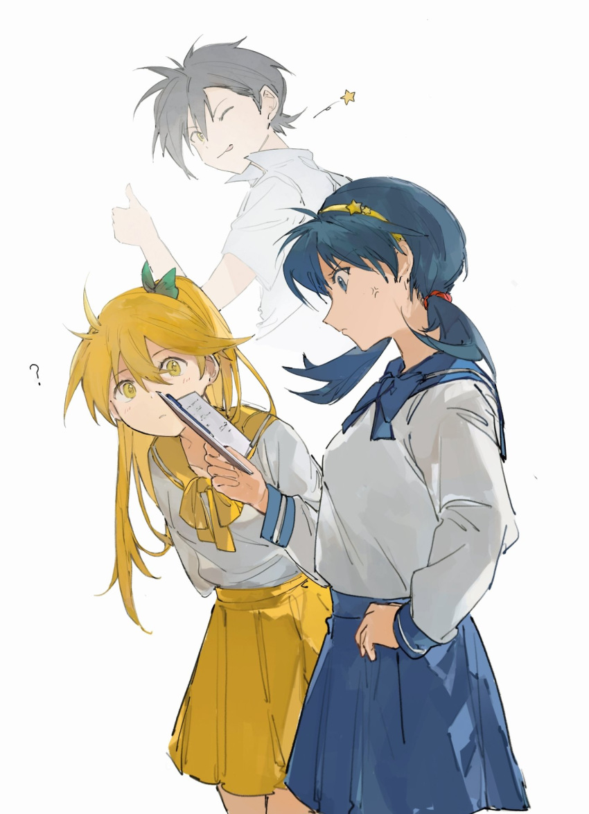 1boy 2girls alternate_costume anger_vein bangs blonde_hair blue_skirt book closed_mouth ethan_(pokemon) green_ribbon hair_ribbon hand_on_hip highres holding holding_book kris_(pokemon) leaning_forward long_hair long_sleeves multiple_girls pokemon pokemon_adventures ribbon sailor_collar sakanobo_(sushi1021) school_uniform serafuku shirt skirt star_(symbol) twintails white_shirt yellow_(pokemon) yellow_eyes yellow_skirt