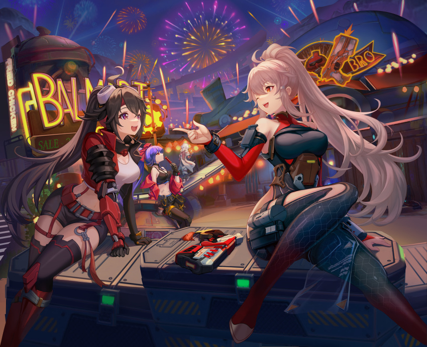1boy 3girls aerial_fireworks ahoge asukayou bare_shoulders black_hair blonde_hair blue_hair blurry blurry_background breasts cobalt-b_(tower_of_fantasy) echo_(tower_of_fantasy) fireworks food gun highres holding holding_food jacket long_hair medium_breasts multiple_girls night official_art one_eye_closed open_mouth outdoors ponytail red_eyes samir_(tower_of_fantasy) sitting tattoo tower_of_fantasy weapon white_hair yellow_eyes zero_(tower_of_fantasy)