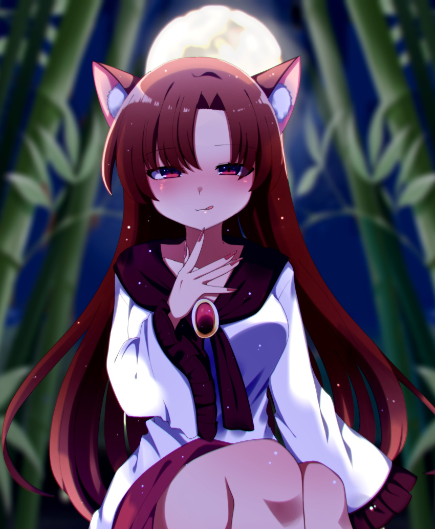 1girl absurdres animal_ears bamboo blush brown_hair closed_mouth dress feet_out_of_frame fingernails frilled_sleeves frills full_moon highres imaizumi_kagerou long_fingernails long_hair long_sleeves moon nail_polish red_dress red_eyes red_nails sharp_fingernails smile solo tongue tongue_out touhou white_dress wide_sleeves wolf_ears you_(noanoamoemoe)