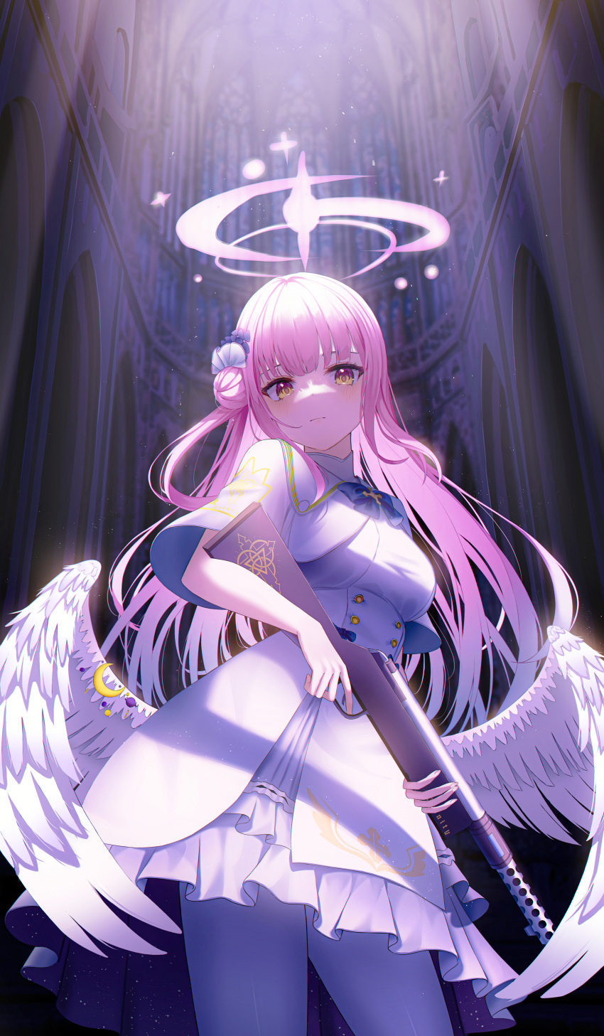 1girl absurdres angel_wings blue_archive blue_bow bow breasts brown_eyes capelet church cowboy_shot dress expressionless feathered_wings frilled_dress frills gun hair_bun halo highres indoors lanchester_smg li_se long_hair looking_at_viewer low_wings medium_breasts mika_(blue_archive) pink_hair single_side_bun sleeveless sleeveless_dress submachine_gun very_long_hair weapon white_dress white_wings wings yellow_eyes
