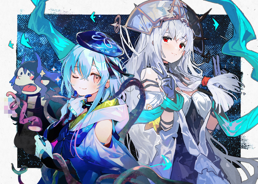 1boy 1girl alchemaniac arknights bangs bare_shoulders blue_cloak blue_hair blue_headwear blue_ribbon blush choker cloak clothing_cutout collage doraemon double_v dress gloves hands_on_own_chin hat hat_ribbon headdress highmore_(arknights) horns light_smile long_hair mizuki_(arknights) namie-kun non-web_source off-shoulder_dress off_shoulder official_alternate_costume otoko_no_ko parody red_eyes ribbon short_hair_with_long_locks shoulder_cutout skadi_(arknights) skadi_the_corrupting_heart_(arknights) skadi_the_corrupting_heart_(sublimation)_(arknights) smile surprised tentacles v very_long_hair violet_eyes