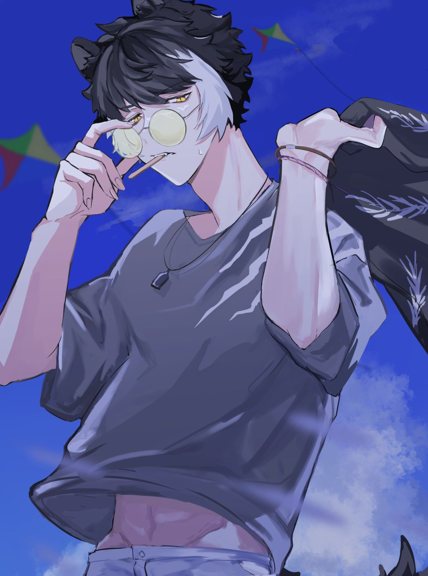 1boy adjusting_eyewear animal_ears bangs black_hair blurry bracelet clouds day depth_of_field dog_tags fangs fingernails food grey_shirt highres holding holding_clothes holding_jacket holostars jackal_boy jackal_ears jackal_tail jacket jacket_over_shoulder jacket_removed jewelry kageyama_shien kite looking_at_viewer male_focus midriff_peek miyanokankyu mouth_hold multicolored_hair official_alternate_costume pants popsicle round_eyewear shirt short_hair solo sweat t-shirt tail tinted_eyewear two-tone_hair upper_body virtual_youtuber white_hair white_pants yellow-tinted_eyewear yellow_eyes