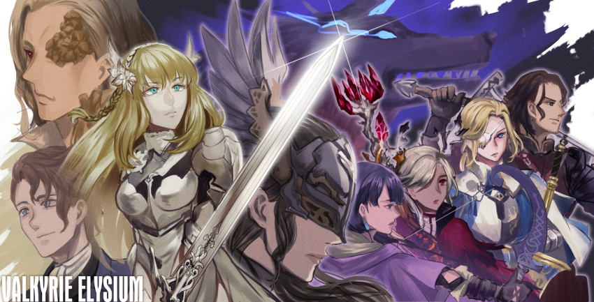 armor armored_dress black_hair blonde_hair blue_hair brown_hair dark-skinned_female dark_skin feathers helmet highres hilde_(valkyrie_elysium) maria_(valkyrie_elysium) odin_(valkyrie_elysium) pale_skin shumizoku sword valkyrie valkyrie_elysium weapon winged_hair_ornament winged_helmet