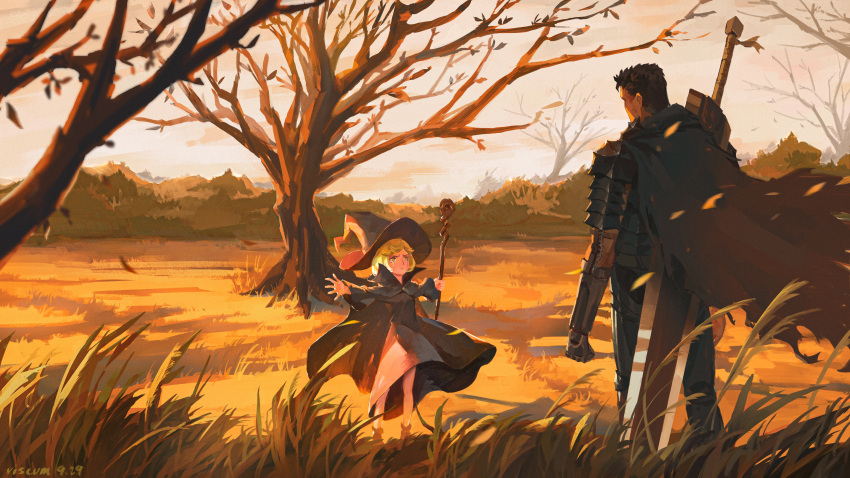 1boy 1girl absurdres berserk berserker_armor black_hair dragonslayer_(sword) field green_hair guts_(berserk) hat highres huge_weapon outdoors scenery schierke_(berserk) short_hair staff tree viscum weapon witch_hat