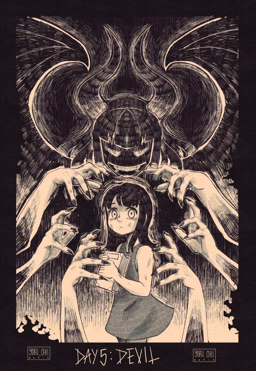 1boy 1girl absurdres black_hair book child commentary dark_background demon demon_horns disembodied_limb dress english_text female_child greyscale highres holding holding_book horns horror_(theme) looking_at_another looking_at_viewer maria_(yoru_chii) monochrome monster one_piece scared size_difference solo_focus teeth trembling