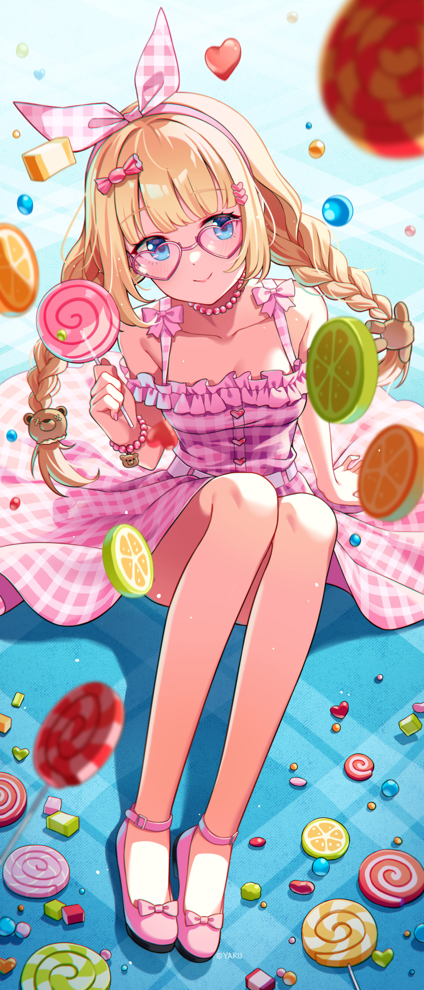 1girl absurdres animal_hair_ornament ass bare_legs bare_shoulders blonde_hair blue_eyes borrowed_character braid candy dress food fruit glasses hair_ornament hair_ribbon heart heart-shaped_eyewear highres knees_up legs lemon lollipop long_hair original pink_dress pink_footwear ribbon shoes solo yaruwashi